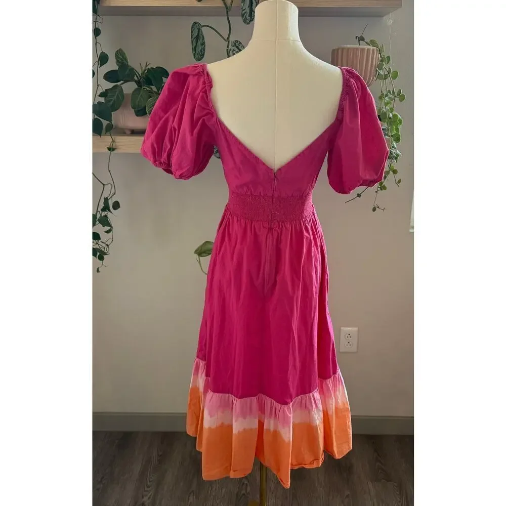 Sachin & Babi Cutout Puff Sleeve Midi Dress Pink Orange Tie Dye Cotton Size 4 - Picture 2 of 10